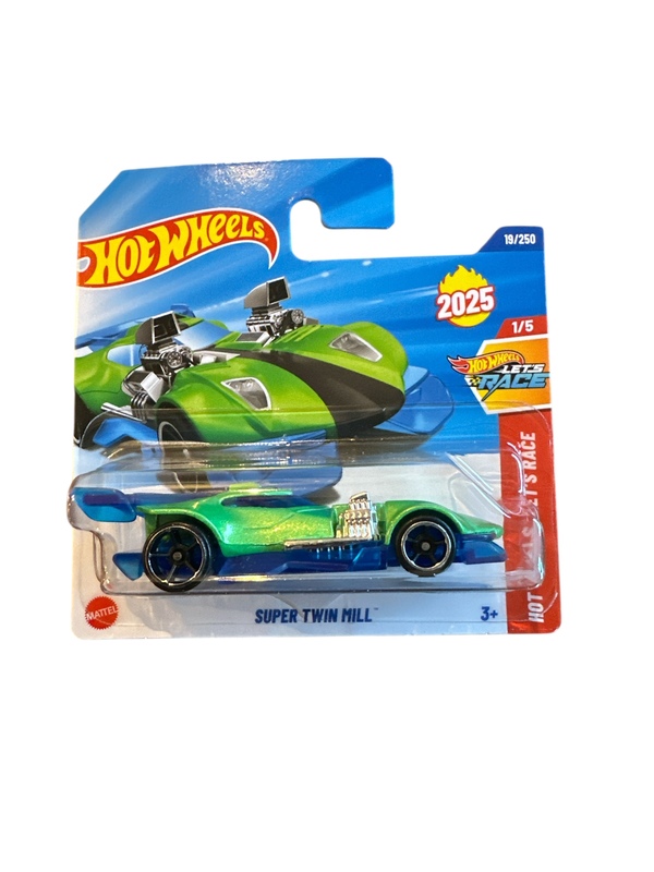 Hot Wheels 1:64 - Super Twin Mill - 1/5 Hot Wheels Let’s Race Grøn og blå bil - Hot Wheels
