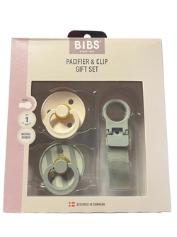 BIBS COLOUR PACIFIER & LOOP CLIP GIFT SET - SIZE 1( 0MND+) NATURAL RUBBER Sage - Bibs