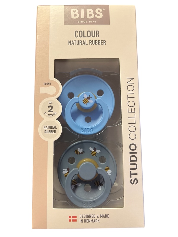 BIBS STUDIO COLOUR BUMBLEBEE 2 PACK SIZE 2 (6 MND+) NATURAL RUBBER  Breeze/Petrol - Bibs