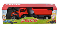 Plasto traktor med frontlaster og henger, rød Traktor rød - plasto