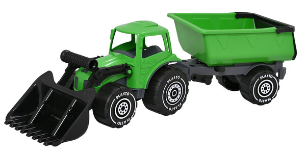 PLASTO Tractor with frontloader & trailer 56,5 cm Grønn traktor med henger - plasto