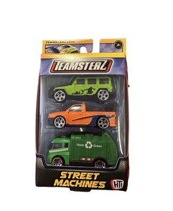 Teamsterz Die Cast Biler 3pk - 4 Ass søppelbil, oransj pickup og grøn bil - Teamsterz