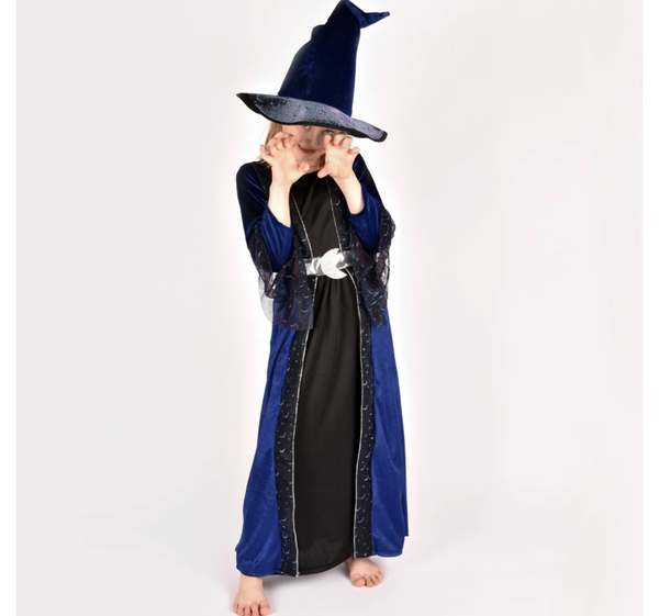 Den gode feen Heksekjole med hatt, blå/sort 4-5år  4-5år - Halloween