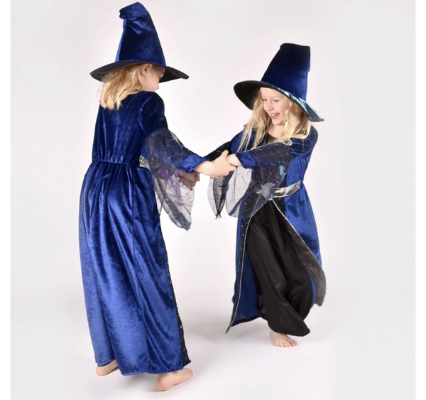 Den gode feen Heksekjole med hatt, blå/sort 4-5år  4-5år - Karneval