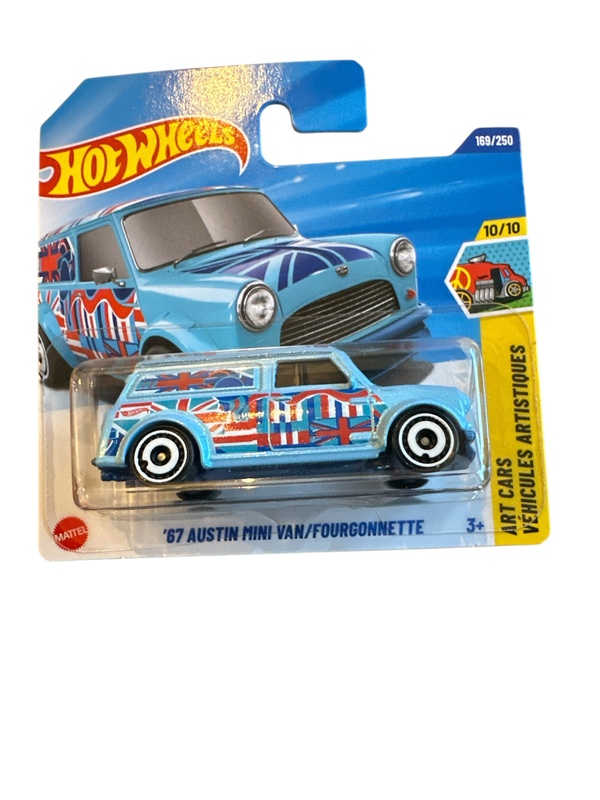 Hot Wheels 1:64 - ‘67 Austin mini van - 10/10 Art Cars Lyse blå bil med storbrittansk flagg - Hot Wheels